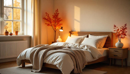 Cozy bedroom interior with autumn accents and warm lightの写真素材
