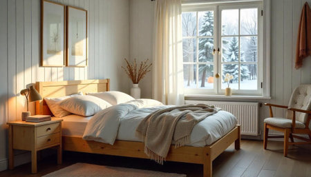 Cozy bedroom interior with winter landscape outside windowの写真素材