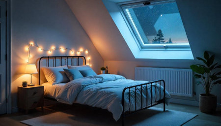 Cozy bedroom at night with window view and lightsの写真素材