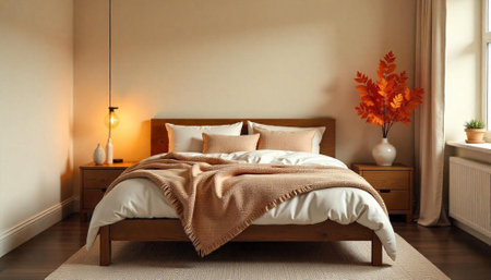 Cozy bedroom interior with warm autumn colors and textiles