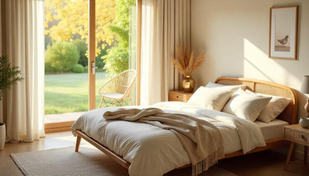 Bright bedroom with garden view in natural light setting