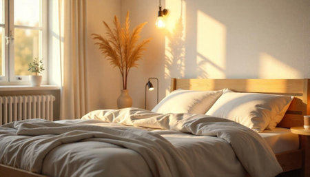 Serene bedroom interior with sunlight and neutral color paletteの写真素材