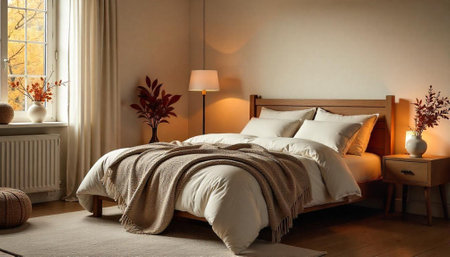 Comfortable bedroom scene with warm autumn colors and lighting