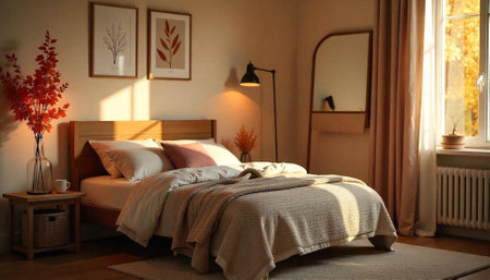 Cozy bedroom interior with natural light and autumn accents