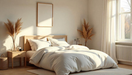 Bright neutral bedroom interior with bed, plants and window
