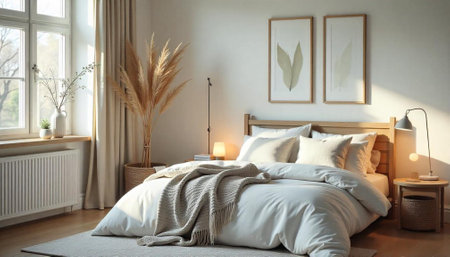 Cozy bedroom interior with natural light and calming ambianceの写真素材