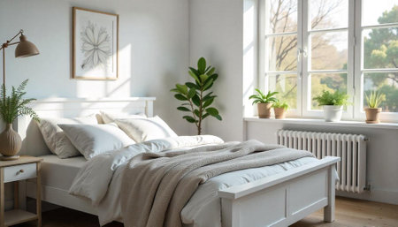 Bright and cozy bedroom with sunlight and indoor plants
