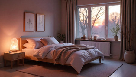 Warm and cozy bedroom interior with sunset view outsideの写真素材