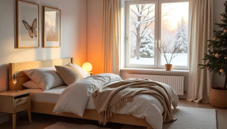 Cozy bedroom in winter tones with a christmas treeの写真素材