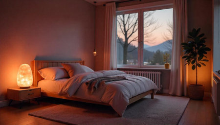 Warm bedroom interior with nature view at sunrise or sunsetの写真素材