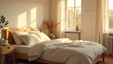 Warm minimalist bedroom with natural light and wooden accentsの写真素材