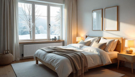 Cozy winter bedroom interior with bright natural light and warmth