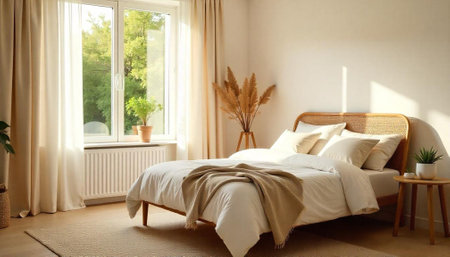 Cozy neutral bedroom interior filled with sunlight and plants