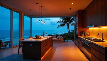 Modern kitchen interior with ocean view at twilight timeの写真素材