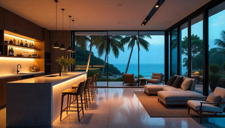 Luxury villa interior design with tropical ocean viewの写真素材