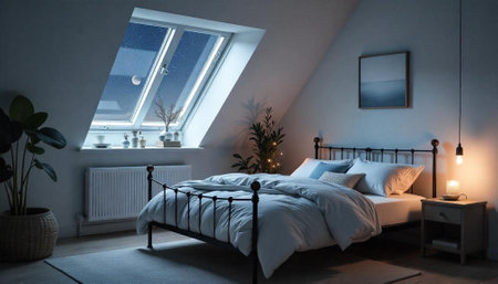 Cozy bedroom interior with skylight view of starry nightの写真素材