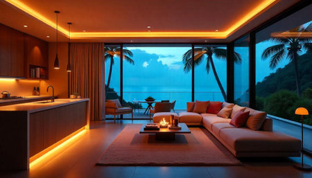 Luxury coastal living room with ocean view and warm lighting