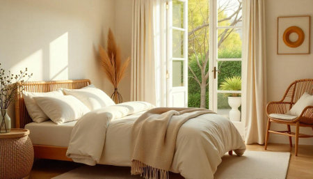Sunlit bedroom with open doors and relaxed aesthetic