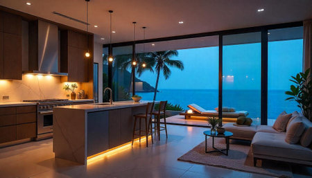Luxury kitchen living space with ocean view at duskの写真素材