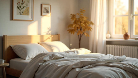 Sunlit bedroom interior showcasing comfortable bed and peaceful ambiance