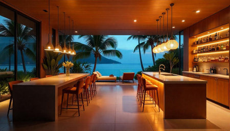 Luxury villa interior with ocean view and island backdropの写真素材