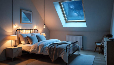 Cozy attic bedroom under a starlit night skyの写真素材
