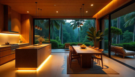 Open kitchen and dining area overlooking lush tropical sceneryの写真素材