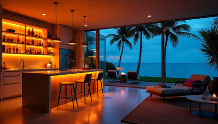 Luxury Home Interior Overlooking Ocean At Dusk Tropical Paradise