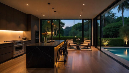 Modern kitchen interior merging with nature at dusk