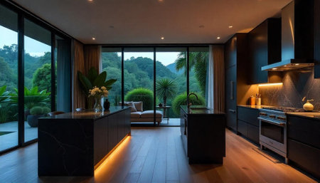 Modern kitchen interior with nature view and dark cabinets