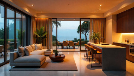 Luxury open plan villa interior with ocean view