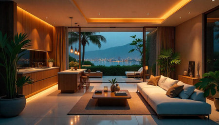 Luxury apartment interior with ocean view and wooden elements