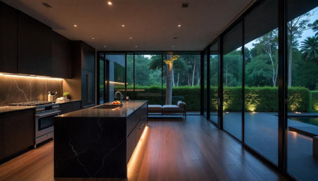 Sleek modern kitchen with dark cabinetry and marble accents