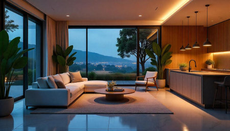 Modern living room interior with panoramic view at dusk