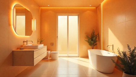 Elegant Orange Bathroom Interior with Modern Fixtures and Plants