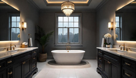 Elegant bathroom interior with standalone tub and vanity units