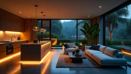 Luxury modern kitchen and living room interior overlooking lakeside viewの写真素材