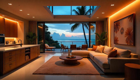 Luxury villa interior at sunset overlooking ocean and palm trees