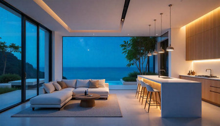 Luxury coastal living room with kitchen and ocean view