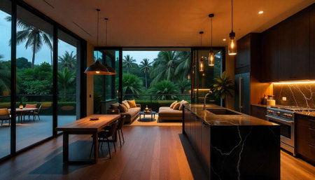 Luxury open concept kitchen and living area with tropical viewの写真素材