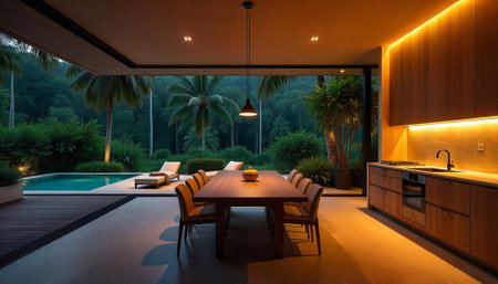Modern villa interior with tropical garden and pool viewの写真素材