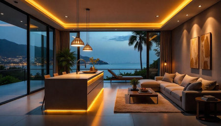 Modern Luxury Interior with Ocean View and Warm Lighting