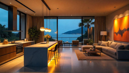 Modern luxury interior with ocean view at duskの写真素材