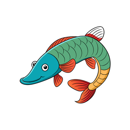Cartoon northern pike illustration swimming left on white backgroundのイラスト素材