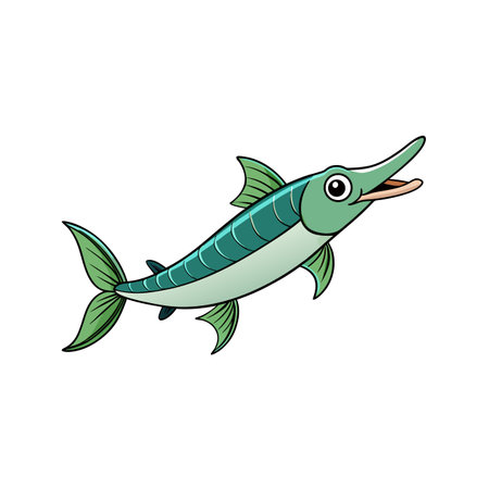 Cartoon Swordfish with Green Hue Swimming Upwards on Whiteのイラスト素材