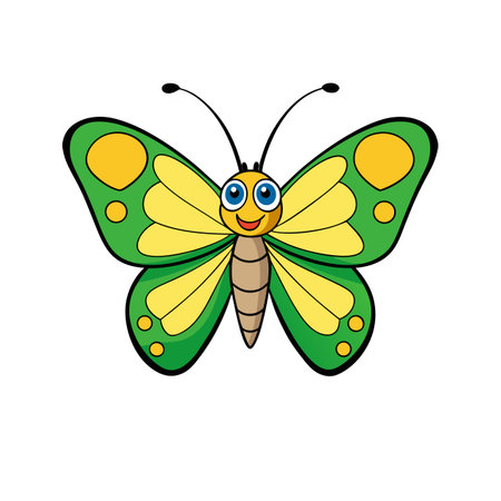 Cute cartoon butterfly illustration with bright colors and smileのイラスト素材