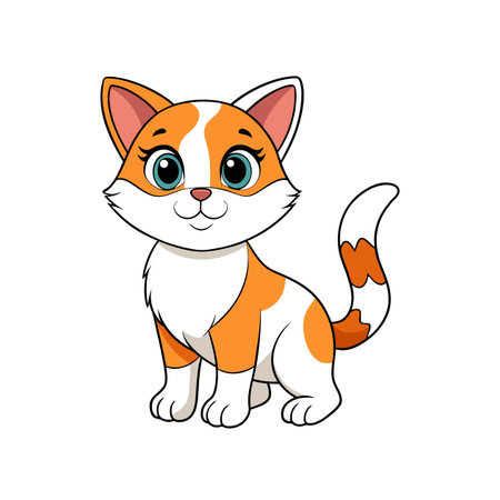 Cute Cartoon Cat Sitting and Smiling with Big Eyesのイラスト素材