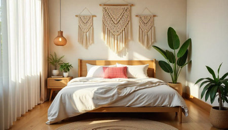 Bohemian bedroom interior with macrame wall hangings and potted plantsの写真素材