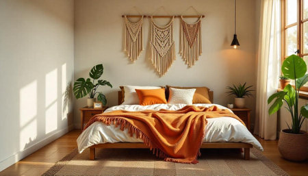 Cozy bedroom interior with macrame wall hangings and plants