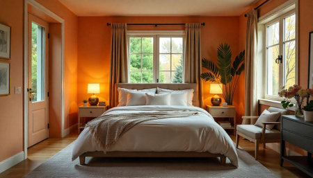 Cozy bedroom interior with natural light and orange wallsの写真素材